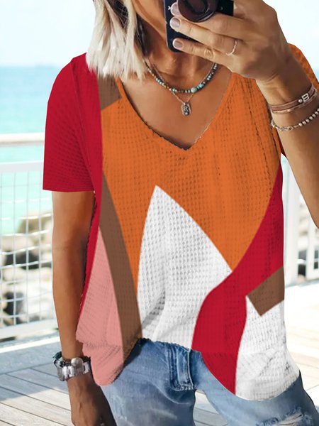 

Geometric color block contrast loose waffle T-shirt plus size, Orange, Tees & T-shirts