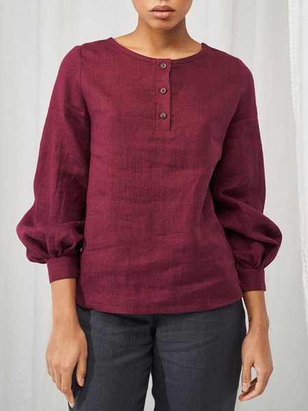

Long sleeve Crew Neck Plain Regular Fit Linen Top, Crimson, Blouses and Shirts