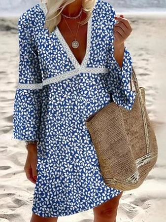 

Leaf V Neck Dresses, Blue, Dresses