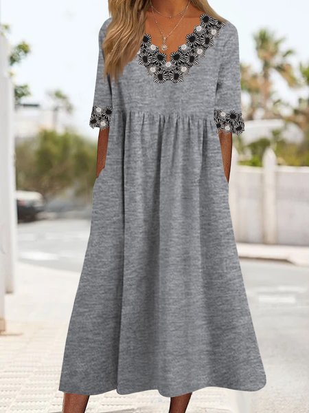 

Daisy embroidery lace loose Long Dress Plus Size, Gray, Midi Dresses