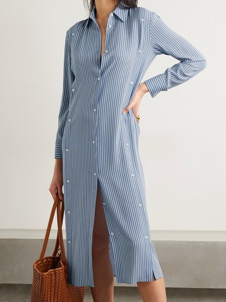 

Striped Daily Long sleeve Shirt Collar Urban Dress, Blue, Midi Dresses