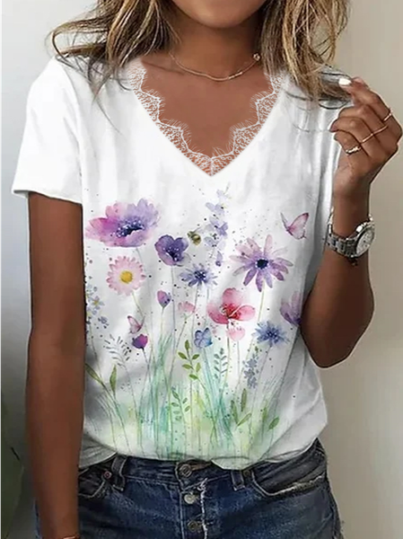 

Cotton-Blend Casual Floral T-Shirt, White, T-Shirts