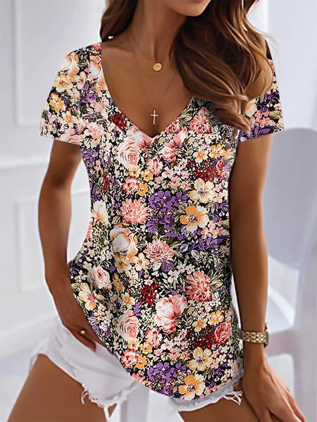 

Casual Floral Design V-Neck Short Sleeve Top, Multicolor, T-Shirts