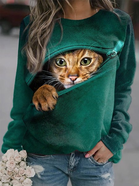 Casual Cat Long Sleeve Round Neck Printed Top Sweatshirt