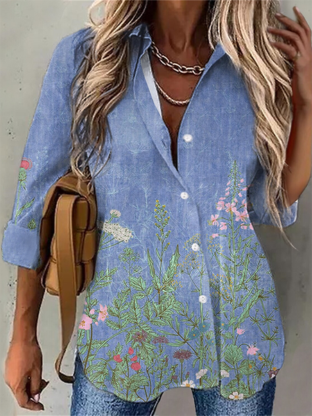 

Floral Casual Shirt Collar Blouse, Blue, Shirts & Blouses