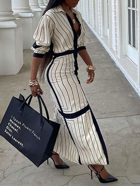 

Summer Lightweight Slightly stretchy Vacation Shirt Collar Striped Dresses, Stripe, Midi Dresses