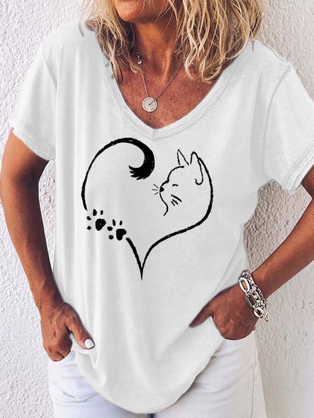 

Women Cat Printing Regular Fit Casual T-Shirt, White, T-shirts