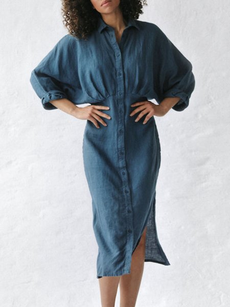 

Midi Long sleeve Shirt Collar Linen Plain Dress, Blue, Midi Dresses