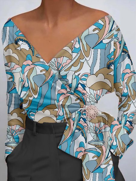 

Elegant Abstract Printed V Neck Long Sleeve Top, Blue, Tops
