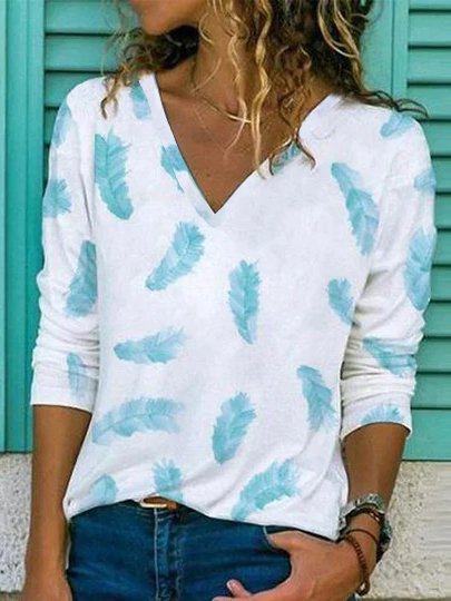 

Loose V Neck T-Shirt, Blue, T-Shirts