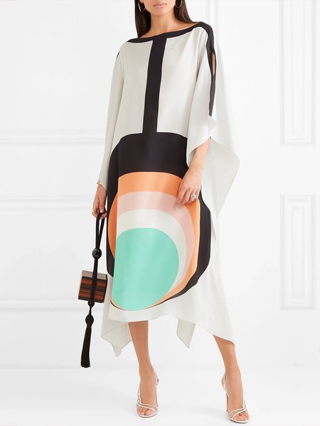 

Elegant Crew Neck Geometric Printed Irregular Craftsmanship Dress, White, Maxi Dresses