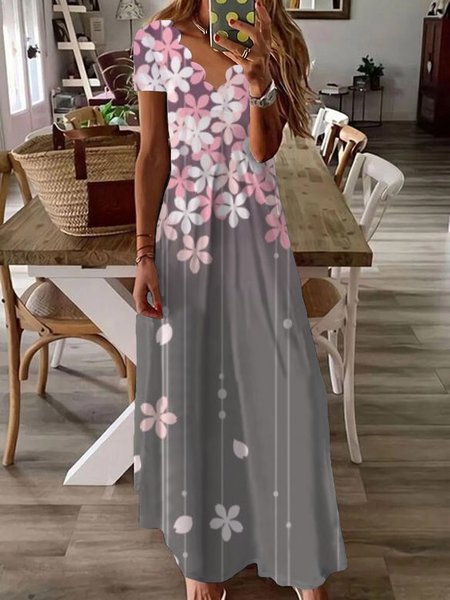 Casual Cherry Blossoms Short Sleeve V Neck Printed Dress