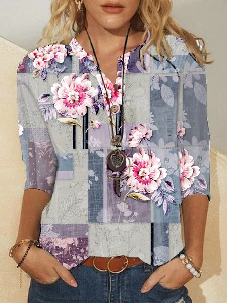 

Stand Collar Geometric Casual Blouse, Purple, Shirts & Blouses