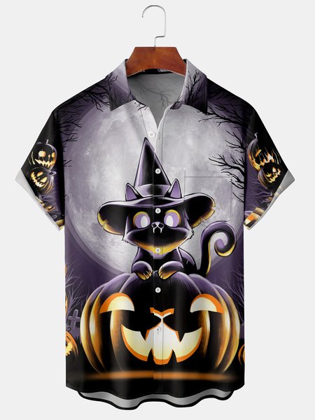 

Men's Halloween Retro Cat Print Casual Breathable Short Sleeve Shirt, Purple, Men's Floral shirt