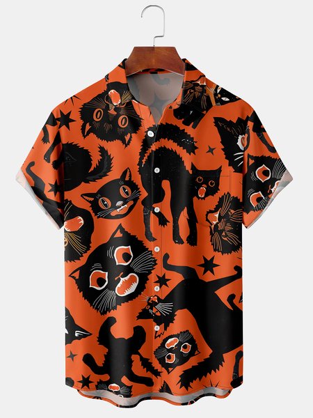 

Men's Halloween Retro Cat Print Casual Breathable Short Sleeve Shirt, Orange, Men's Floral shirt