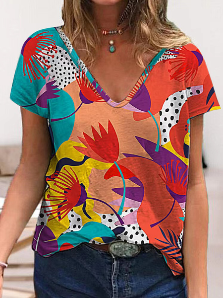 

Color Block Casual V Neck T-Shirt, Multicolor, T-Shirts
