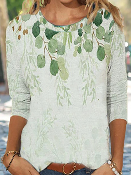 

Floral Casual Cotton-Blend Top, Green, T-Shirts