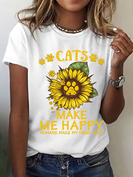 

Women Sunflower Paws Cats Make Me Happy Humans Make Me Head Hurt Cotton Loose Simple T-Shirt, White, T-shirts