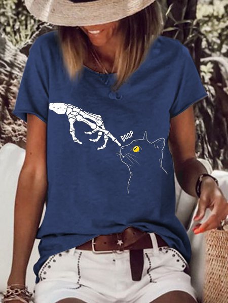 Spooky Boop Regular Fit Cat Crew Neck T-Shirt, Blue, T-Shirts