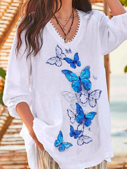 

Butterfly Vacation Loose Tops, White, Shirts & Blouses