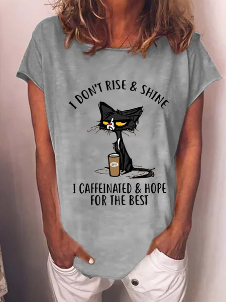 

Women Cat Coffe Printing Cotton-Blend T-Shirt, Gray, T-shirts