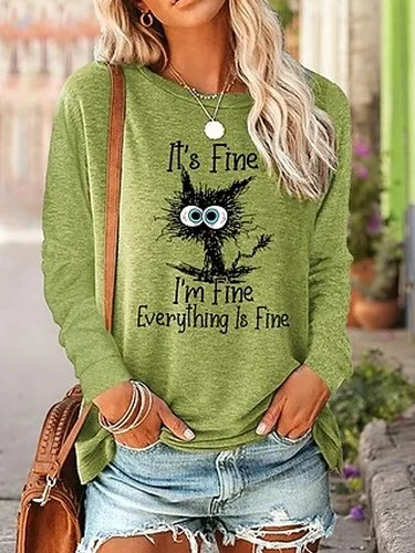

Cat Cotton-Blend Crew Neck Casual Top, Green, Tops