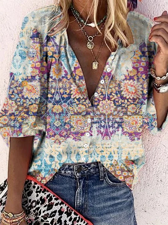 

Vintage Cotton-Blend V Neck Blouse, Multicolor, Shirts & Blouses