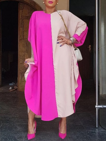 

Casual Loose Crew Neck Color Block Dress, Rose red, Maxi Dresses