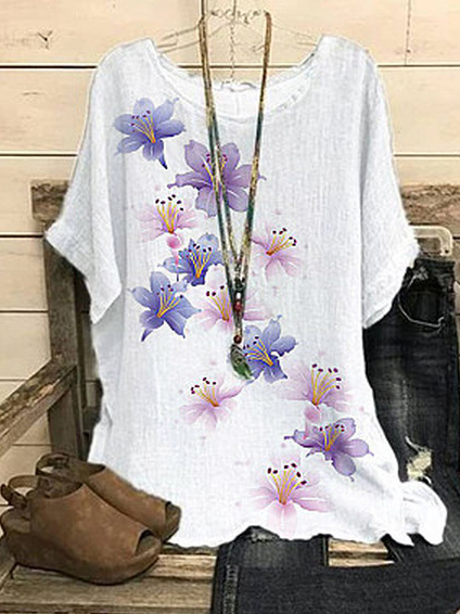 

Crew Neck Floral Linen Tops, White, Tunics