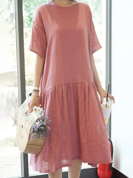 

Loose Crew Neck Plain Dresses, Pink, Midi Dresses