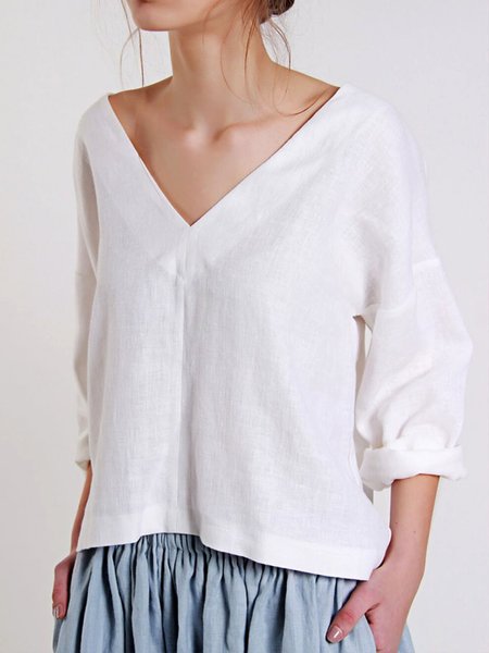 

White V neck Regular Fit Off Shoulder Sleeve Top, Tops