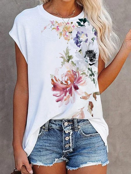 Casual Jersey Loose Crew Neck Tunic T-Shirt, White, T-shirts
