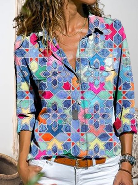 

Loose Shirt Collar Color Block Vacation Blouse, Multicolor, Blouses & Shirts