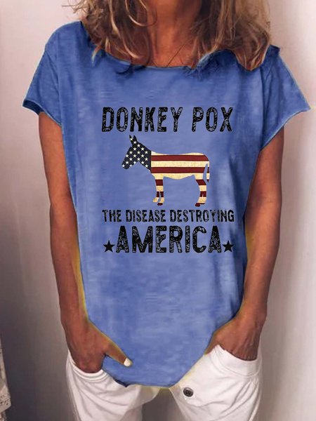 

Women Donkey Pox The Disease Destroying America Funny Animal Loose Crew Neck T-Shirt, Blue, T-shirts
