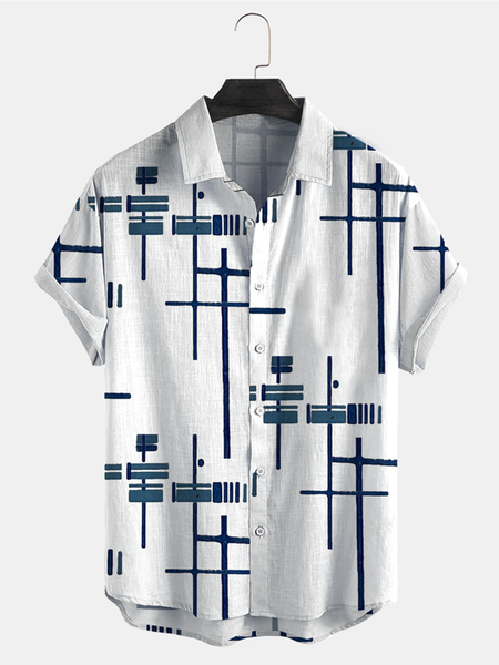 

Cotton and linen style American casual basic all-match geometric striped linen shirt, As picture, Men's Floral shirt