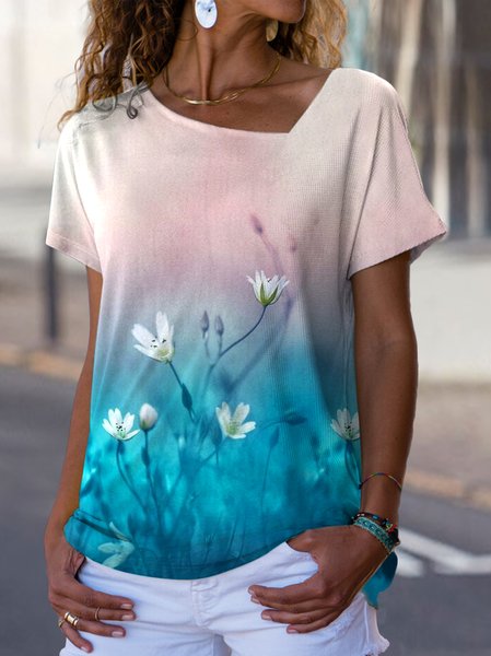 

Asymmetrical Neck Casual Floral Ombre T-Shirt, Multicolor, T-Shirts