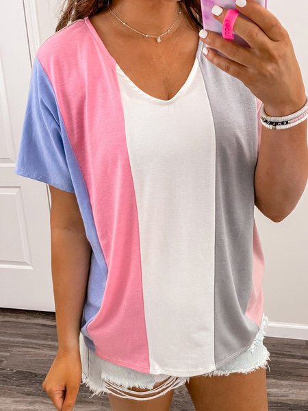 

Plain no pattern contrast striped rainbow top T-shirt plus size, Multicolor, T-Shirts