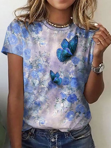 

Casual Floral Butterfly Knit Short Sleeve T-Shirt, Blue, T-Shirts