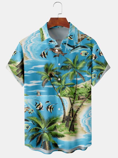 

Men's Coconut Tree Print Casual Breathable Hawaiian Short Sleeve Shirt, Blue, Men's Floral shirt