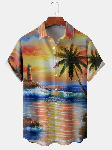 

Men's Artistic Coconut Tree Print Casual Breathable Hawaiian Short Sleeve Shirt, Brown, Men's Floral shirt