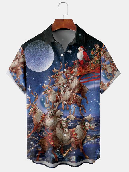 

Santa Claus Chest Pocket Short Sleeve Shirt, Blue, Men Shirts