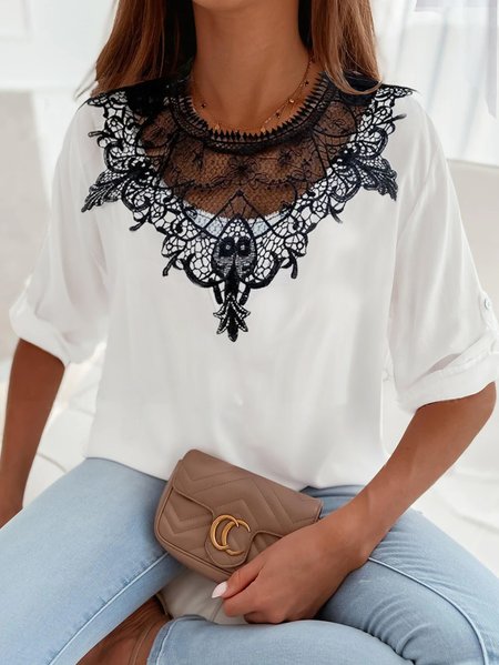 

Plain Loose Lace Collar Panel Long Sleeve Top, White, Shirts & Blouses