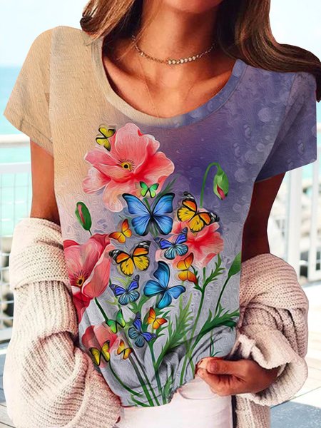 

Gradient flower butterfly blouse T-shirt plus size, Multicolor, T-Shirts