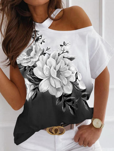 

Color Block Casual Floral Cold Shoulder T-Shirt, White, T-Shirts