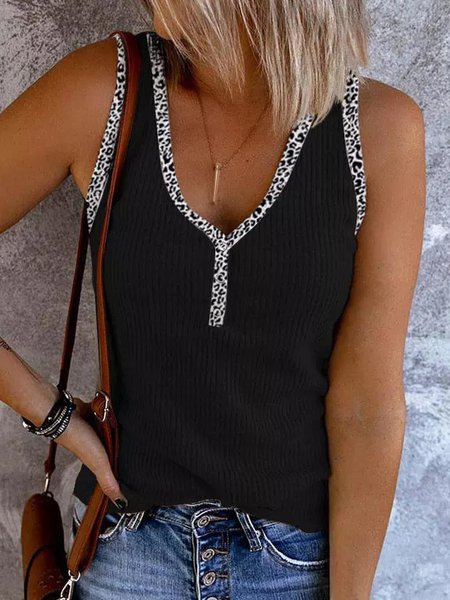 

Casual Basic Leopard Print Covered V-Neck Knit Tank Top, Black, Tanks & Camis