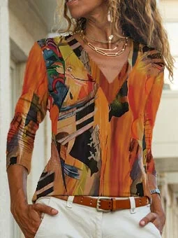 

Casual V Neck Famous Painting T-Shirt, Multicolor, Tops