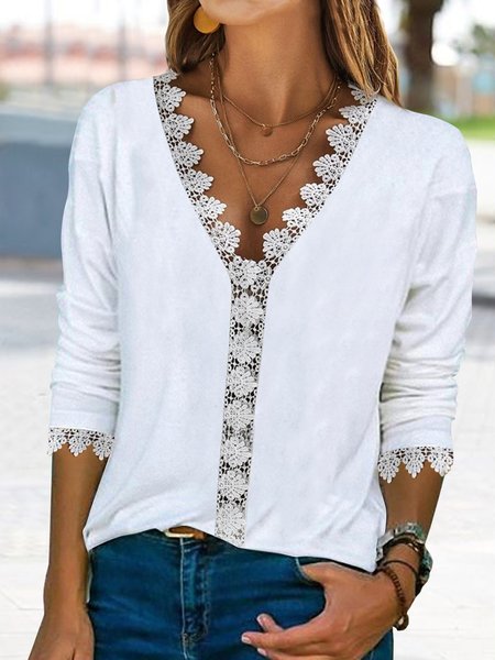 

Plain lace simple loose T-shirt plus size, White, Shirts & Blouses