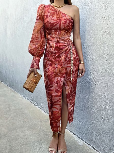 

Vacation Floral Printed Split One Shoulder Dress, Red, Maxi Dresses
