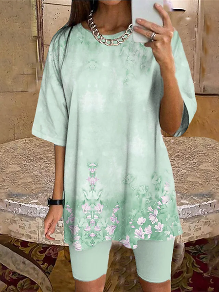 

Casual Regular Fit Floral Short sleeve Two Piece Sets, Green, Suit Set