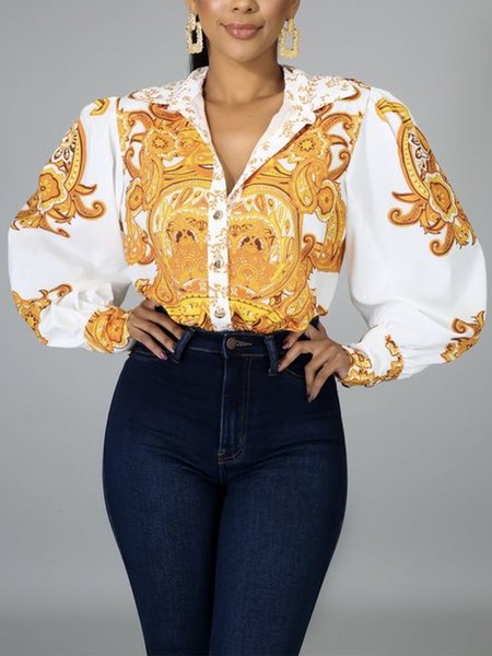 

Regular Fit Abstract Shirt Collar Long Sleeve Blouse, Yellow, Blouses and Shirts
